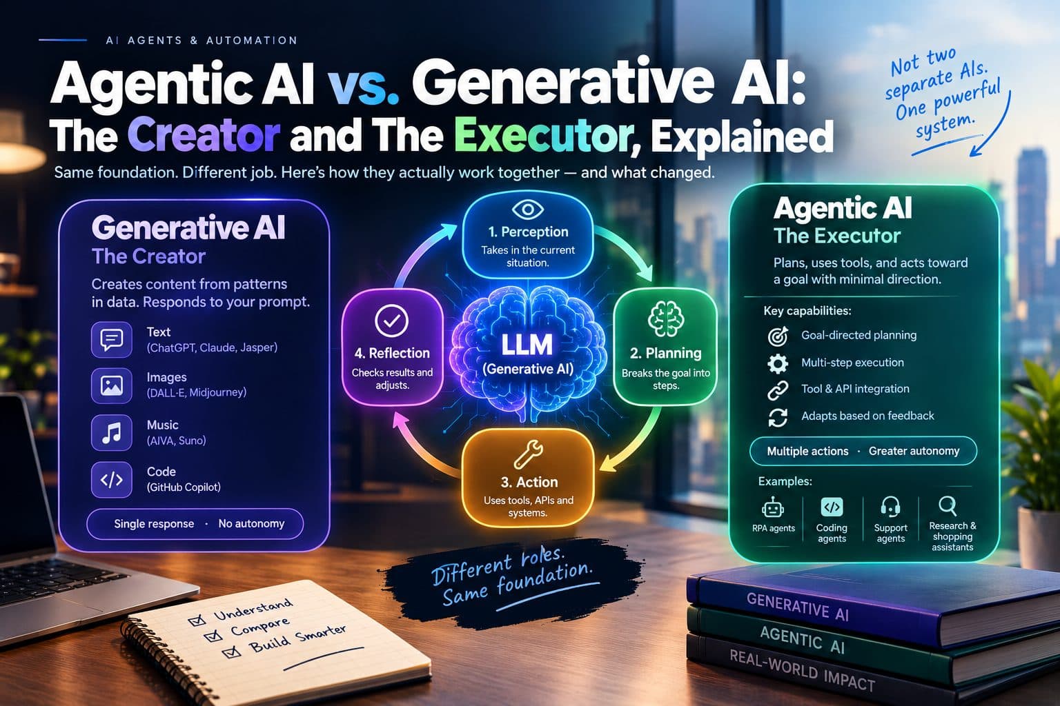Diagram showing a generative AI language model at the center, with a surrounding loop of perception, planning, tool use, and reflection representing an agentic AI system