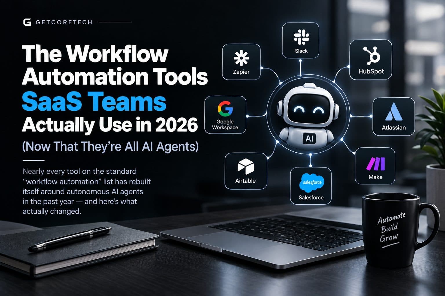 Flat black-and-white illustration of interconnected workflow nodes representing automated SaaS tools