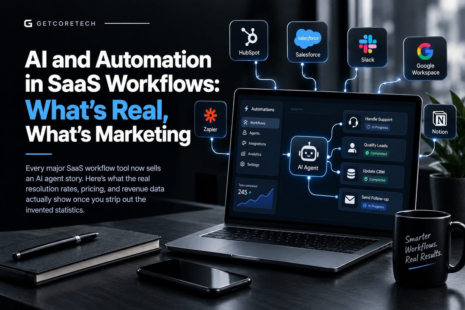 Flat black-and-white illustration of a SaaS dashboard with automated workflow connections between apps
